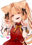  animal_ears bangs bell black_bow blonde_hair bow buttons cat_ears cat_tail claw_pose collar commentary fangs flandre_scarlet gotoh510 hair_bow head_tilt heart highres jingle_bell kemonomimi_mode long_hair looking_at_viewer nail_polish puffy_short_sleeves puffy_sleeves red_eyes red_nails red_skirt short_sleeves simple_background skirt skirt_set smile solo tail touhou vest white_background wings wrist_cuffs 