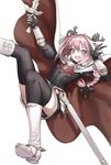  :d astolfo_(fate) black_legwear blush boots braid cape commentary convenient_leg falling fang fate/apocrypha fate_(series) fur_trim gauntlets hair_between_eyes hair_ribbon hand_up holding holding_sword holding_weapon juliet_sleeves long_hair long_sleeves looking_at_viewer male_focus mins_(minevi) multicolored_hair open_mouth otoko_no_ko pink_eyes pink_hair puffy_sleeves red_cape ribbon sheath simple_background single_braid smile solo streaked_hair sword thighhighs tress_ribbon unsheathed w weapon white_background white_footwear 