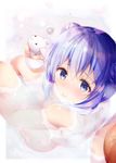  back-to-back bangs bathing blue_eyes blush bunny closed_mouth commentary_request eyebrows_visible_through_hair from_above gochuumon_wa_usagi_desu_ka? hair_between_eyes highres kafuu_chino light_blue_hair long_hair looking_at_viewer nose_blush nude partially_submerged petals petals_on_liquid rouka_(akatyann) solo squiggle water wet 