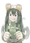  :p asui_tsuyu bangs belt black_eyes blush bodysuit boku_no_hero_academia closed_mouth eyebrows_visible_through_hair frog_girl gloves goggles goggles_on_head green_bodysuit green_hair hair_between_eyes hair_rings long_hair long_sleeves looking_at_viewer mins_(minevi) simple_background solo standing tongue tongue_out upper_body white_background white_gloves 