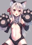  animal_ears bare_shoulders black_gloves black_legwear black_leotard blush breasts cat_ears elbow_gloves fate/kaleid_liner_prisma_illya fate_(series) fur-trimmed_gloves fur_collar fur_trim gloves grey_background hair_ribbon hands_up head_tilt highres illyasviel_von_einzbern konkito leotard long_hair looking_at_viewer navel open_mouth paw_gloves paws red_eyes red_ribbon ribbon sideboob silver_hair simple_background small_breasts solo thighhighs v-shaped_eyebrows very_long_hair 