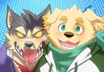  anthro blush canine clothed clothing cusith dog duo fangs garmr kemono looking_at_viewer male mammal open_mouth overweight q_taro scarf smile tokyo_afterschool_summoners tongue tongue_out wolf 