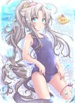  akino_coto animal_ears bird blue_eyes cat_ears cat_tail chicken contrapposto cowboy_shot drill_hair flat_chest highres looking_at_viewer md5_mismatch one-piece_swimsuit original ponytail school_swimsuit silver_hair solo standing swimsuit tail water 