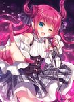  ;d asymmetrical_horns bangs bare_shoulders blue_eyes blush bow collar commentary_request curled_horns detached_sleeves dragon_horns dragon_tail elizabeth_bathory_(fate) elizabeth_bathory_(fate)_(all) eyebrows_visible_through_hair fang fate/grand_order fate_(series) frilled_collar frills grey_skirt hair_between_eyes head_tilt heart holding holding_microphone horns index_finger_raised long_hair long_sleeves looking_at_viewer microphone one_eye_closed open_mouth outstretched_arm pink_bow pink_hair plaid plaid_skirt purple_background shirt sidelocks skirt smile solo suzune_rena tail tail_bow underbust very_long_hair white_shirt 