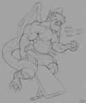  anthro big_penis clothed clothing dragon english_text erection erection_under_clothes growth hair horn humanoid_penis male muscle_growth muscular muscular_male open_mouth penis penis_through_leghole pills poking_out sitting solo spiritraptor text wings 