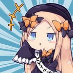  1girl abigail_williams_(fate/grand_order) bangs beni_shake black_bow black_dress black_hat blonde_hair blue_eyes blush_stickers bow chibi commentary_request dress eyebrows_visible_through_hair fate/grand_order fate_(series) hair_bow hat long_hair long_sleeves looking_at_viewer lowres orange_bow parted_bangs parted_lips polka_dot polka_dot_bow sash sleeves_past_wrists solo translated triangle_mouth v-shaped_eyebrows very_long_hair 