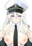  azur_lane bangs between_breasts blush breasts commentary_request enterprise_(azur_lane) hat kabun_(suzuna_jct) large_breasts long_hair looking_at_viewer necktie necktie_between_breasts nipples peaked_cap purple_eyes silver_hair sleeveless smile solo very_long_hair 
