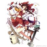  artist_name ascot bare_legs barefoot bow brown_hair character_name detached_sleeves frilled_skirt frills full_body hair_bow hair_tubes hakurei_reimu holding jpeg_artifacts lantern long_hair looking_at_viewer midriff miniskirt navel ofuda paper_lantern parted_lips red_bow red_eyes red_skirt ribbon-trimmed_sleeves ribbon_trim rope sam_ashton sandals shide shimenawa simple_background skirt skirt_set solo tassel torii touhou translated vest watermark weibo_logo weibo_username white_background wooden_lantern yellow_neckwear yin_yang 