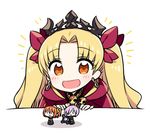  :d bangs blonde_hair blush cape chan_co character_doll chibi crown dot_nose earrings ereshkigal_(fate/grand_order) eyebrows_visible_through_hair fate/grand_order fate_(series) figure fujimaru_ritsuka_(female) happy jewelry long_hair looking_at_viewer mash_kyrielight open_mouth purple_cape simple_background smile solo twintails white_background 