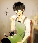  amamiya_ren apron black_hair blue_eyes brown_eyes cat chair collarbone collared_shirt cup eighth_note gameplay_mechanics glasses green_apron hair_between_eyes hand_up head_tilt highres holding holding_cup long_sleeves male_focus messy_hair morgana_(persona_5) mozuyun musical_note pants parted_lips persona persona_5 shirt short_hair sitting sleeves_rolled_up smile upper_body white_shirt wing_collar 