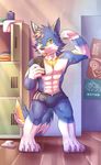  abs agonylight anthro biceps big_muscles bulge canine cellphone claws clothed clothing fish fur gold_eye gym hi_res iphone kemono looking_at_viewer male mammal marine muscular pants pecs phone selfie shark smile solo standing stirringdon topless white_fur wolf yellow_eyes 