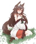  2018 animal_humanoid blush boots bottle breasts brown_eyes brown_hair canid canid_humanoid canine canine_humanoid cleavage clothed clothing dress drunk ehrrr footwear fur hair half-closed_eyes hi_res holding_object humanoid imaizumi_kagerou kneeling long_hair looking_at_viewer mammal open_mouth simple_background touhou white_background white_fur wolf_humanoid 