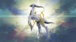  absurdres arceus cloud colored_sclera commentary_request day emoemon from_below full_body green_sclera highres looking_down outdoors pokemon pokemon_(creature) red_eyes sky 