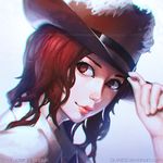  chromatic_aberration collared_shirt commentary commission cowboy_hat deviantart_username face fingernails guweiz hand_on_headwear hat light_smile looking_at_viewer original portrait red_eyes red_hair red_lips shirt short_hair solo watermark white_shirt wing_collar 