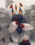  animal_ears black_skin bright_pupils claws faputa fewer_digits finger_in_mouth flying_sweatdrops hair_between_eyes kneeling looking_at_viewer made_in_abyss monster_girl multiple_arms orange_eyes paws pov short_hair solo_focus walzrj white_hair 