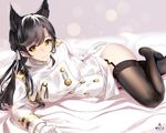  aiguillette animal_ears artist_name atago_(azur_lane) azur_lane bangs bed_sheet black_hair breasts closed_mouth extra_ears fox_ears garter_straps gloves hair_ribbon infinote large_breasts long_hair long_sleeves looking_at_viewer lying military military_uniform mole mole_under_eye on_side ribbon smile solo swept_bangs thighhighs thighs uniform white_gloves white_ribbon yellow_eyes 