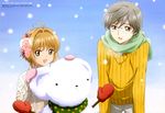  1girl :d absurdres antenna_hair brown_hair cardcaptor_sakura glasses gloves green_eyes hair_ornament hair_ribbon highres kinomoto_sakura leaning_forward magazine_request official_art open_mouth pants pink_gloves polka_dot polka_dot_scarf red_gloves ribbon scarf short_hair silver_hair smile snow snowman striped striped_ribbon sweater tanaka_shiho tsukishiro_yukito vertical_stripes white_pants white_sweater yellow_eyes yellow_sweater 