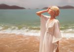  arm_at_side arm_up blonde_hair blurry blurry_background closed_eyes closed_mouth collarbone commentary cowboy_shot day depth_of_field dress from_side guweiz hair_ornament hand_on_own_face hand_up ocean original outdoors profile sand short_hair solo standing surf water waves white_dress wide_sleeves 