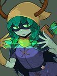  adventure_time antlers arrow blush breasts commentary_request green_hair green_skin highres hood huntress_wizard long_hair magic mask misonou_hirokichi monster_girl quiver solo 