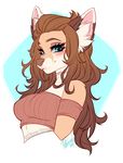  2017 anthro blue_eyes breasts brown_hair canine clothed clothing cute female hair inner_ear_fluff long_hair mammal pollo-chan simple_background solo top tube_top wolf 