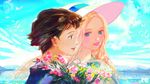  anna_(omoide_no_marnie) bird blonde_hair blue_eyes blue_sky bouquet brown_hair cloud day face flower from_side happy hat lake marnie multiple_girls omoide_no_marnie outdoors parted_lips pink_lips rojo0110 short_hair signature sky smile sun_hat very_short_hair 