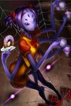  1girl ass bow breasts extra_arms extra_eyes fangs high_heels monster_girl muffet purple_skin ribbon solo spider spider_girl tea teapot twintails undertale 
