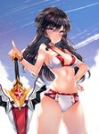  alternate_eye_color alternate_hair_color alternate_hairstyle bangs bikini black_hair blush braid breasts cleavage cloud commentary elesis_(elsword) elsword hair_between_eyes hand_on_hip highres huge_weapon looking_at_viewer medium_breasts navel painteen purple_eyes sidelocks sky solo standing swimsuit sword weapon 