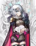  animal armor bangs black_legwear blue_eyes blue_hair brown_jacket brown_shorts bunny cape copyright_request cowboy_shot hair_ornament highres holding holding_animal jacket long_sleeves looking_at_viewer mins_(minevi) parted_lips short_hair short_shorts shorts solo thighhighs thorns 