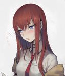  blue_eyes blush bright_pupils brown_jacket collared_shirt eyes_visible_through_hair flying_sweatdrops grey_background hair_between_eyes jacket long_hair looking_away makise_kurisu necktie off_shoulder parted_lips red_hair red_neckwear ringed_eyes shirt solo steins;gate sweatdrop upper_body walzrj white_shirt wing_collar 