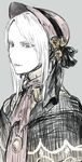  ascot bloodborne blue_background blue_eyes bonnet cape dress hair_ornament highres looking_at_viewer parted_lips pink_lips plain_doll simple_background sketch solo solopipb upper_body white_skin 
