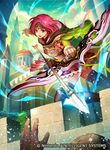  arrow bow_(weapon) brick_wall capelet castle commentary company_name copyright_name day fire_emblem fire_emblem:_seima_no_kouseki fire_emblem_cipher gloves glowing headband holding holding_bow_(weapon) holding_weapon hood hood_down konfuzikokon looking_at_viewer neimi official_art open_mouth outdoors pink_eyes pink_hair pleated_skirt quiver short_hair skirt thighhighs weapon zettai_ryouiki 