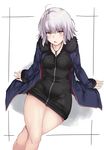  ahoge alp annoyed arm_support bangs black_dress blue_coat blush breasts coat collarbone crossed_legs dress dress_lift eyebrows_visible_through_hair fate/grand_order fate_(series) feet_out_of_frame frame frown fur-trimmed_coat fur-trimmed_sleeves fur_trim groin jeanne_d'arc_(alter)_(fate) jeanne_d'arc_(fate)_(all) jewelry large_breasts leaning_back long_sleeves looking_at_viewer looking_up medium_hair necklace open_clothes open_coat open_mouth sitting solo thighs v-shaped_eyebrows white_background white_hair wicked_dragon_witch_ver._shinjuku_1999 yellow_eyes 