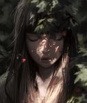  bangs blunt_bangs blurry blurry_foreground brown_hair closed_eyes closed_mouth depth_of_field deviantart_username face facing_viewer flower forest guweiz leaf light lips long_hair nature original painting portrait shade solo tree tree_shade under_tree 