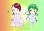  androgynous character_name chibi green_eyes green_hair hair_rings hammer hmniao houseki_no_kuni jade_(houseki_no_kuni) long_hair multicolored_hair multiple_others pajamas rutile_(houseki_no_kuni) yellow_eyes 