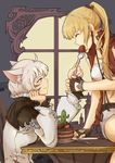  absurdres blonde_hair cactus final_fantasy final_fantasy_xiv food fruit highres hyur karo_(lb_kkk) lyse_hext miqo'te multiple_girls pickle sabotender smile strawberry y'shtola_rhul yuri 