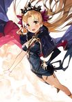  :d anklet bangs between_breasts blonde_hair blush bracelet breasts brown_eyes brown_hair buckle cape cleavage cleavage_cutout commentary_request detached_sleeves earrings ereshkigal_(fate/grand_order) fate/grand_order fate_(series) foreshortening hair_ornament hand_on_hip jewelry leotard long_hair matsui_hiroaki medium_breasts open_mouth parted_bangs single_detached_sleeve single_thighhigh smile solo thighhighs tiara 