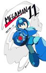  android arm_cannon blue_eyes congratulations copyright_name helmet male_focus pointing pointing_at_viewer rockman rockman_(character) rockman_11 simple_background smile smoke solo weapon white_background 