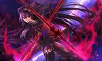  absurdres ass bodysuit breasts covered_nipples dual_persona electricity fate/grand_order fate_(series) gae_bolg highres hinomoto_madoka holding holding_weapon large_breasts long_hair pauldrons purple_hair red_eyes scathach_(fate)_(all) scathach_(fate/grand_order) smile solo veil weapon 