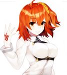  ahoge artrageousgirl breasts chaldea_uniform command_spell eyebrows_visible_through_hair fate/grand_order fate_(series) fujimaru_ritsuka_(female) hair_between_eyes hair_ornament hair_scrunchie impossible_clothes impossible_shirt large_breasts looking_at_viewer orange_eyes orange_hair scrunchie shirt short_hair side_ponytail smile solo uniform upper_body white_background yellow_scrunchie 