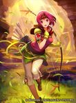  armlet arrow bow_(weapon) breasts brown_footwear commentary company_name copyright_name day elbow_gloves fire_emblem fire_emblem:_seima_no_kouseki fire_emblem_cipher gloves grass hand_on_own_chest headband holding holding_bow_(weapon) holding_weapon konfuzikokon looking_at_viewer medium_breasts neimi official_art open_mouth outdoors pants pink_eyes pink_hair quiver short_hair sleeveless solo sunlight tears weapon 