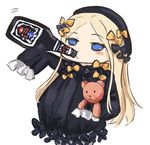  abigail_williams_(fate/grand_order) asle bangs black_bow black_dress black_hat blonde_hair blue_eyes bottle bow bug butterfly commentary_request dress drinking eyebrows_visible_through_hair fate/grand_order fate_(series) hair_bow hat holding holding_bottle insect long_hair long_sleeves looking_at_viewer looking_away object_hug orange_bow parted_bangs polka_dot polka_dot_bow pun simple_background sleeves_past_fingers sleeves_past_wrists solo stuffed_animal stuffed_toy teddy_bear very_long_hair white_background 