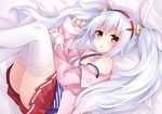  animal_ears ass azur_lane bangs bare_shoulders bed_sheet breasts bunny_ears camisole cleavage collarbone commentary_request eyebrows_visible_through_hair glint hair_between_eyes hair_ornament hairband jacket jewelry komori_kuzuyu laffey_(azur_lane) long_hair long_sleeves looking_at_viewer lying off_shoulder on_side parted_lips pink_jacket pleated_skirt red_eyes red_hairband red_skirt ring silver_hair skirt sleeves_past_wrists small_breasts solo strap_slip thighhighs twintails very_long_hair wedding_band white_camisole white_legwear 