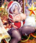  1girl aina_winchester areolae blue_eyes blush boots breast_hold breasts breasts_outside christmas cleavage curvy heavy_breathing holding hoodie huge_breasts lilith-soft looking_at_viewer nipples no_bra open_mouth pantyhose potion_(moudamepo) puffy_nipples santa_hat shiny_skin short_hair silver_hair sitting skirt solo sweat taimanin_(series) taimanin_asagi_battle_arena tears 