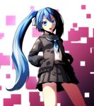  absurdres bad_id bad_pixiv_id blue_eyes blue_hair cowboy_shot from_below hair_between_eyes hands_in_pockets hatsune_miku highres jacket long_hair midriff open_mouth project_diva_(series) project_diva_extend rolling_girl_(vocaloid) school_uniform serafuku solo tsukishiro_saika twintails vocaloid white_background 