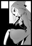 :d black_border black_sclera blush border circle_cut crazy_smile from_behind greyscale hood hood_up long_sleeves looking_at_viewer looking_back monochrome monster_girl nun open_mouth original simple_background smile solo solopipb upper_body white_background wide_sleeves 