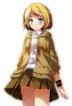  absurdres alternate_costume arms_at_sides bad_id bad_pixiv_id blonde_hair blue_eyes blush cowboy_shot drawstring eyebrows_visible_through_hair hair_ornament highres hood kagamine_rin project_diva_(series) project_diva_f_2nd short_hair skirt solo tsukishiro_saika vocaloid white_background 