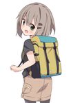  :d absurdres backpack bag bangs black_legwear black_shirt blush brown_skirt commentary_request from_behind green_eyes grey_hair hair_between_eyes hair_ornament hairclip head_tilt highres looking_at_viewer looking_back mousou_(mousou_temporary) open_mouth pantyhose shirt short_hair short_sleeves simple_background skirt smile solo white_background yama_no_susume yukimura_aoi 