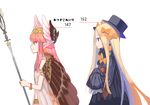  abigail_williams_(fate/grand_order) bangs black_bow black_dress black_hat black_wings blonde_hair blue_eyes bow bracelet brown_wings bug butterfly circe_(fate/grand_order) closed_mouth dress eyebrows_visible_through_hair fate/grand_order fate_(series) feathered_wings green_eyes hair_bow hat head_wings highres holding insect jewelry kumo955 long_hair long_sleeves looking_at_viewer multiple_girls object_hug orange_bow parted_bangs pink_hair pointy_ears polka_dot polka_dot_bow profile simple_background sleeveless sleeveless_dress sleeves_past_wrists smile stuffed_animal stuffed_toy teddy_bear translation_request very_long_hair white_background white_dress wings 