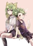  1girl achilles_(fate) ahoge atalanta_(fate) black_legwear black_shorts black_skirt closed_mouth commentary_request fate/apocrypha fate_(series) green_eyes green_hair hair_between_eyes multiple_girls ogura_(12pie) shirt shorts skirt tail white_shirt yellow_eyes 