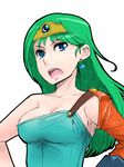  blue_eyes breasts circlet commentary_request dragon_quest dragon_quest_iv earrings gloves green_hair heroine_(dq4) jewelry large_breasts long_hair misonou_hirokichi open_mouth slime_(dragon_quest) solo 